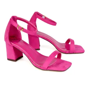 Antigoni Basic Strappy Low Mid Block Heel Square Toe Sandals in Fuchsia