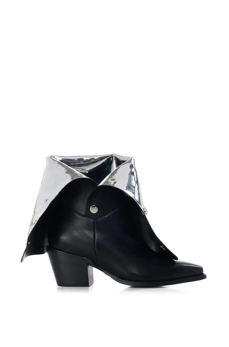 AZALEA WANG CARLOTTAN BLACK BOOTIE WITH FOLD OVER SILVER DETAIL