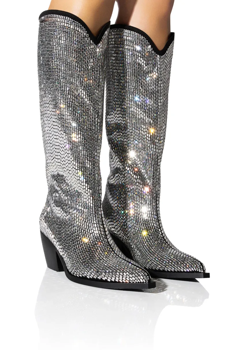 AZALEA WANG INGRID BLINGED OUT WESTERN BOOT IN SILVER