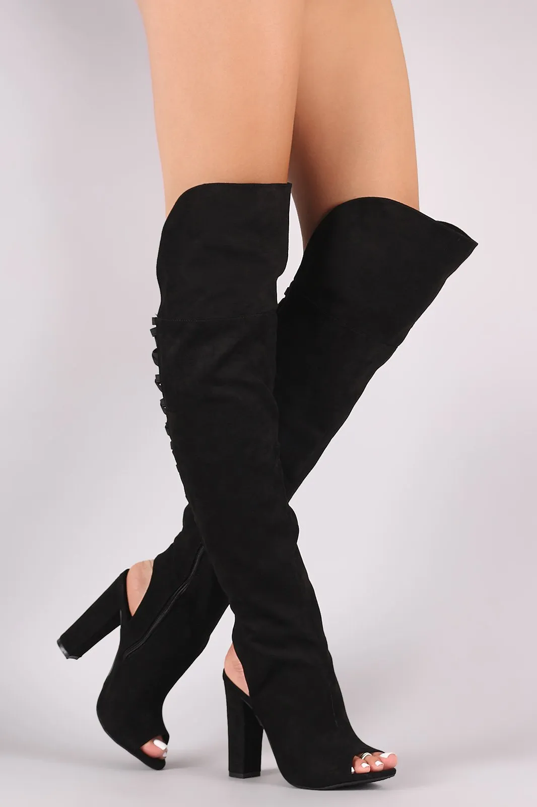 Bamboo Back Lattice Suede Chunky Heel Cuff OTK Boots