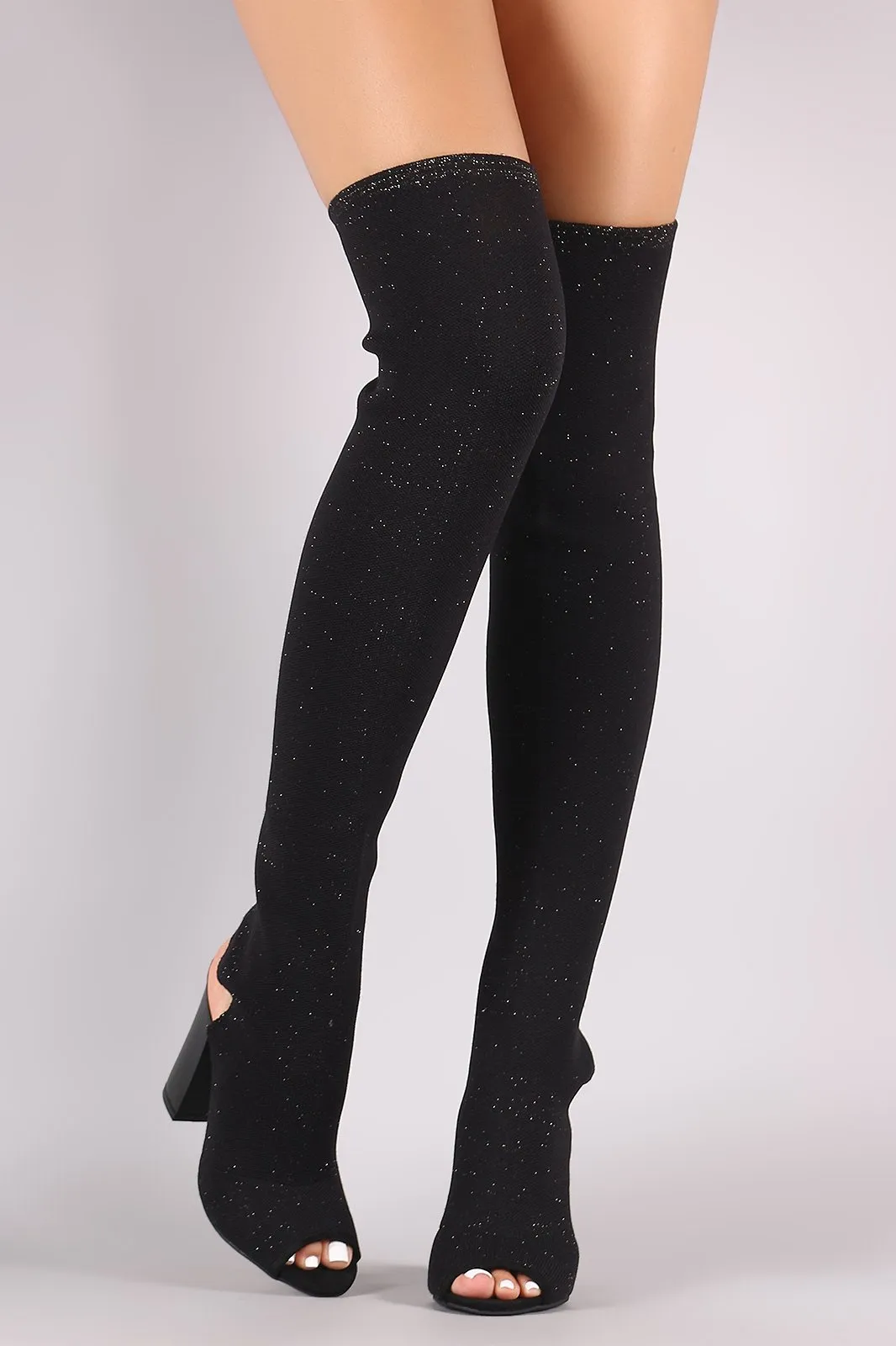 Bamboo Glitter Knit Peep Toe Chunky Heeled Over-The-Knee Boots