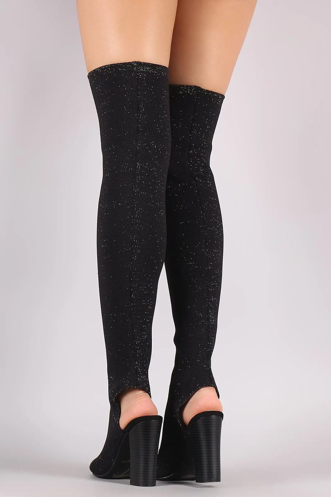 Bamboo Glitter Knit Peep Toe Chunky Heeled Over-The-Knee Boots