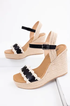 Black Crochet Trim Strap Espadrille Wedges