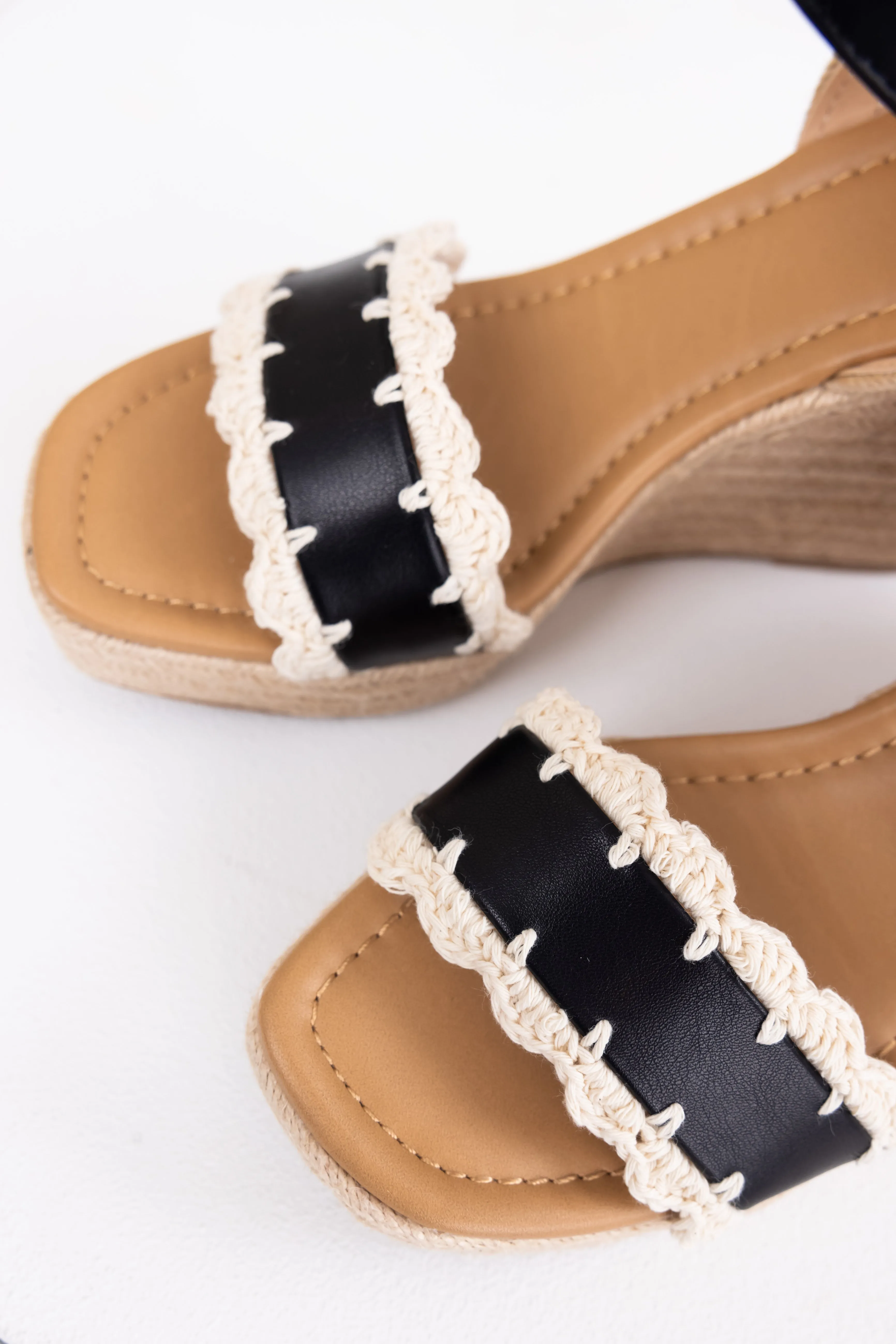 Black Crochet Trim Strap Espadrille Wedges