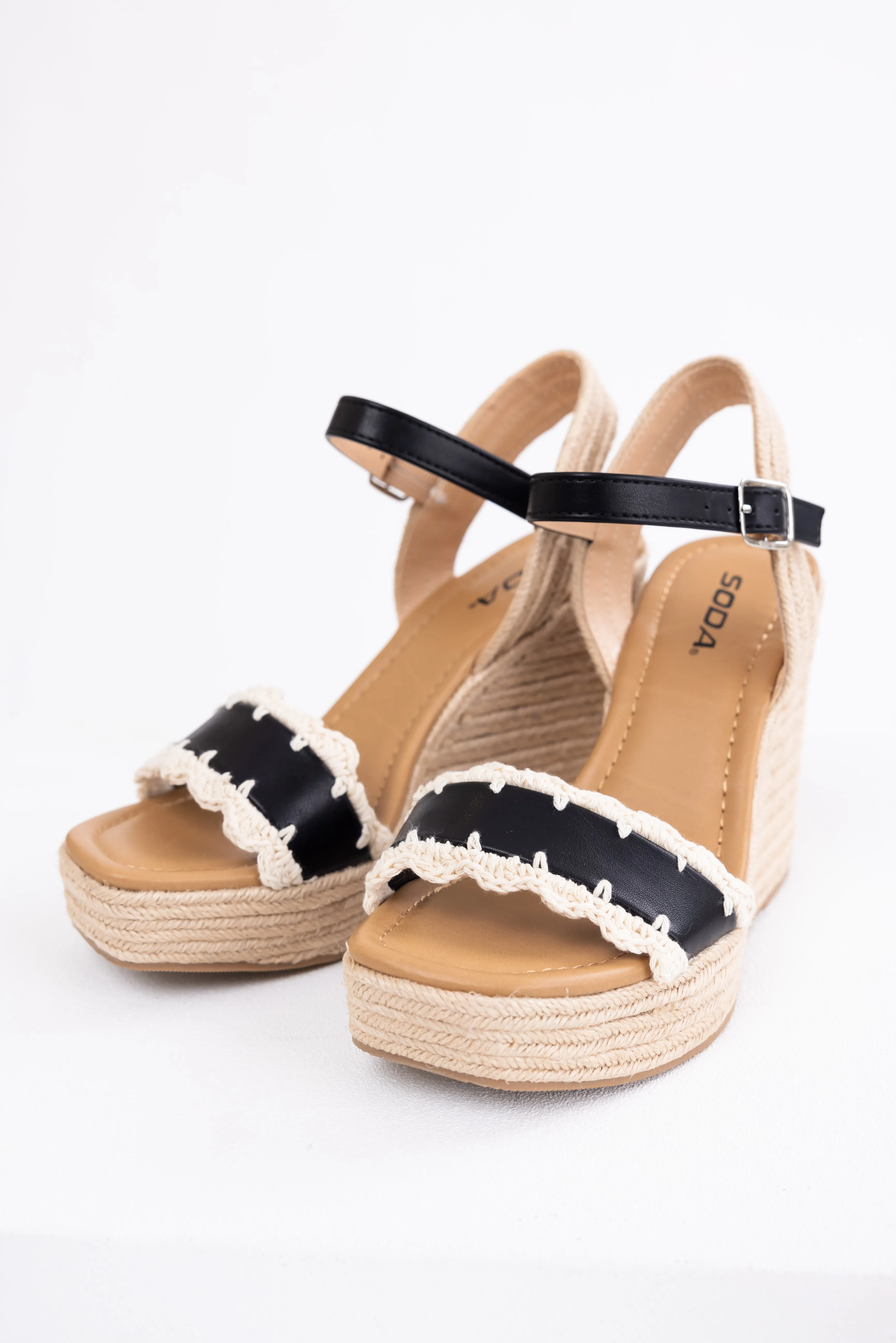 Black Crochet Trim Strap Espadrille Wedges