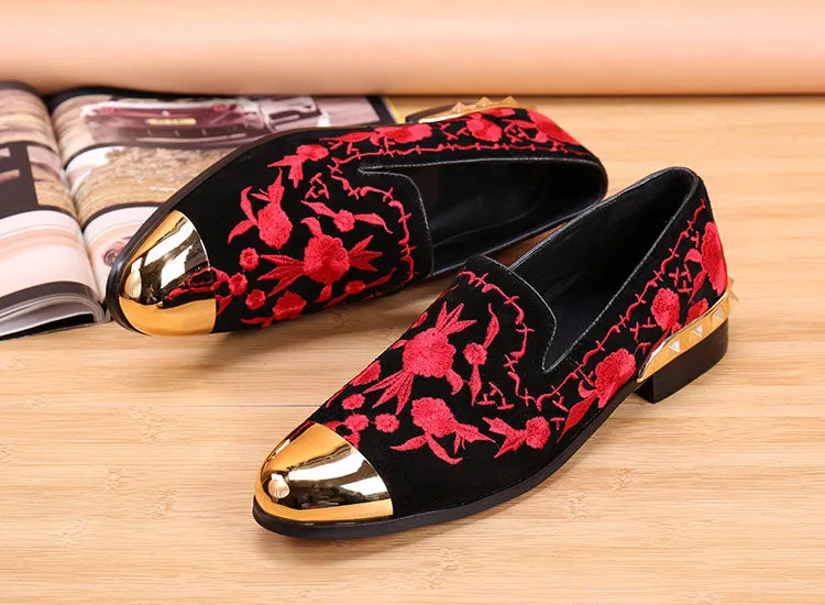 Black Embroidery Suede Leather Men Loafers