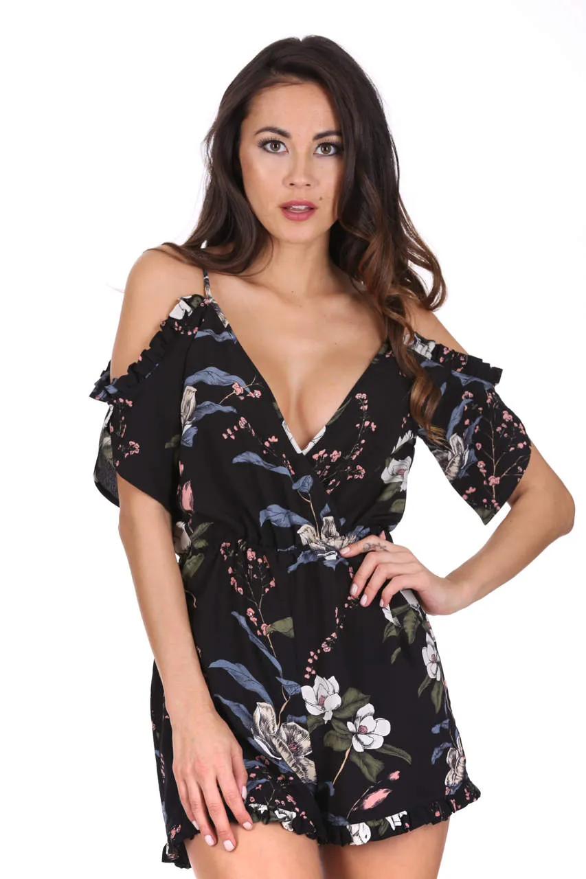 Black Frill Hem Floral Playsuit