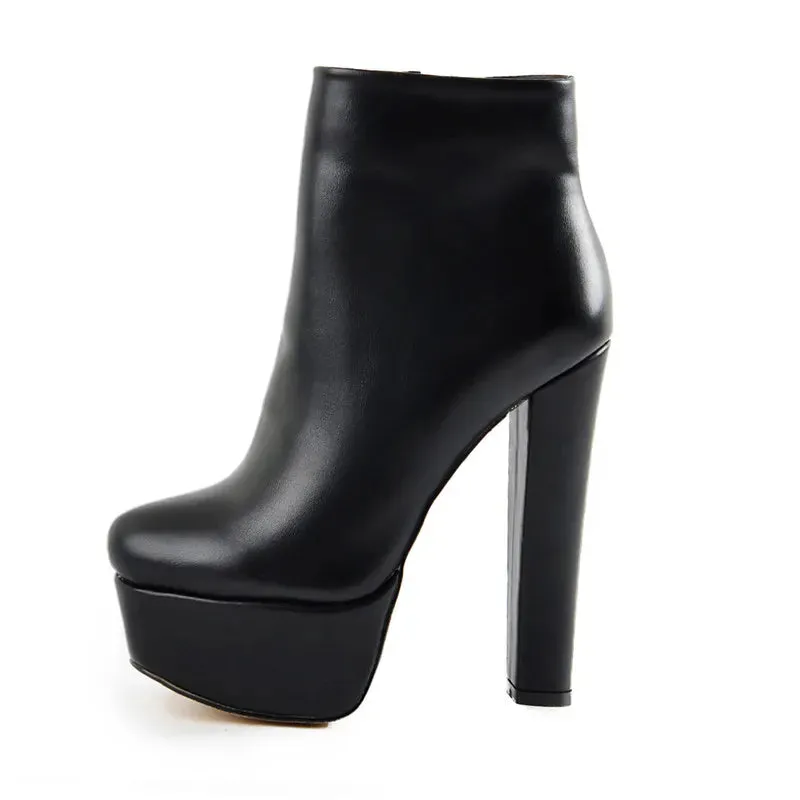 Block Chunky Round High Heel Platform Ankle Boots