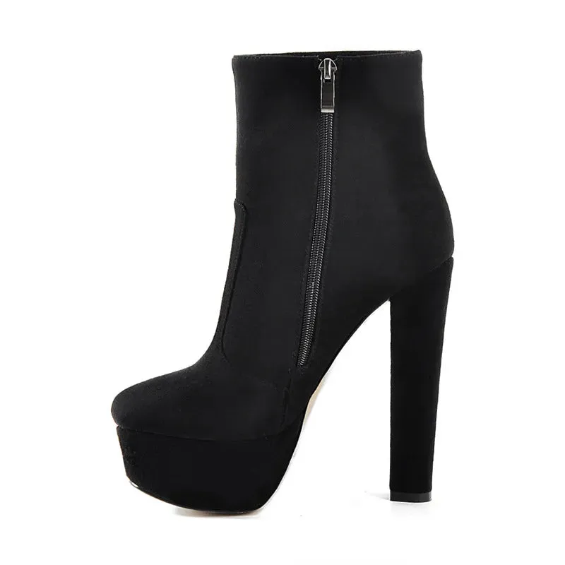 Block Chunky Round High Heel Platform Ankle Boots