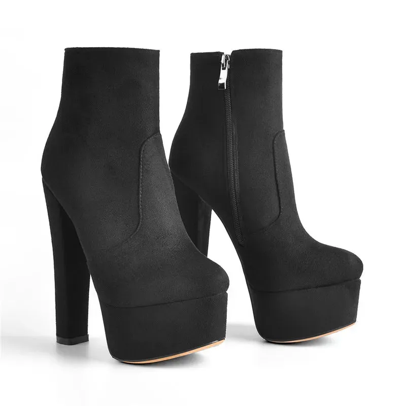 Block Chunky Round High Heel Platform Ankle Boots