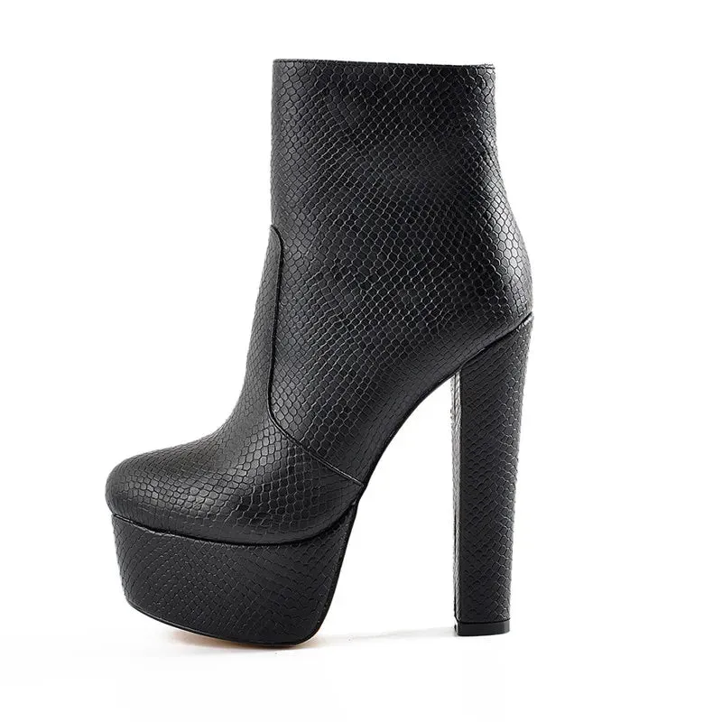 Block Chunky Round High Heel Platform Ankle Boots