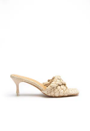 Choice Stretch Square-Toe Faux-Raffia & Leather Mules  Light Beige