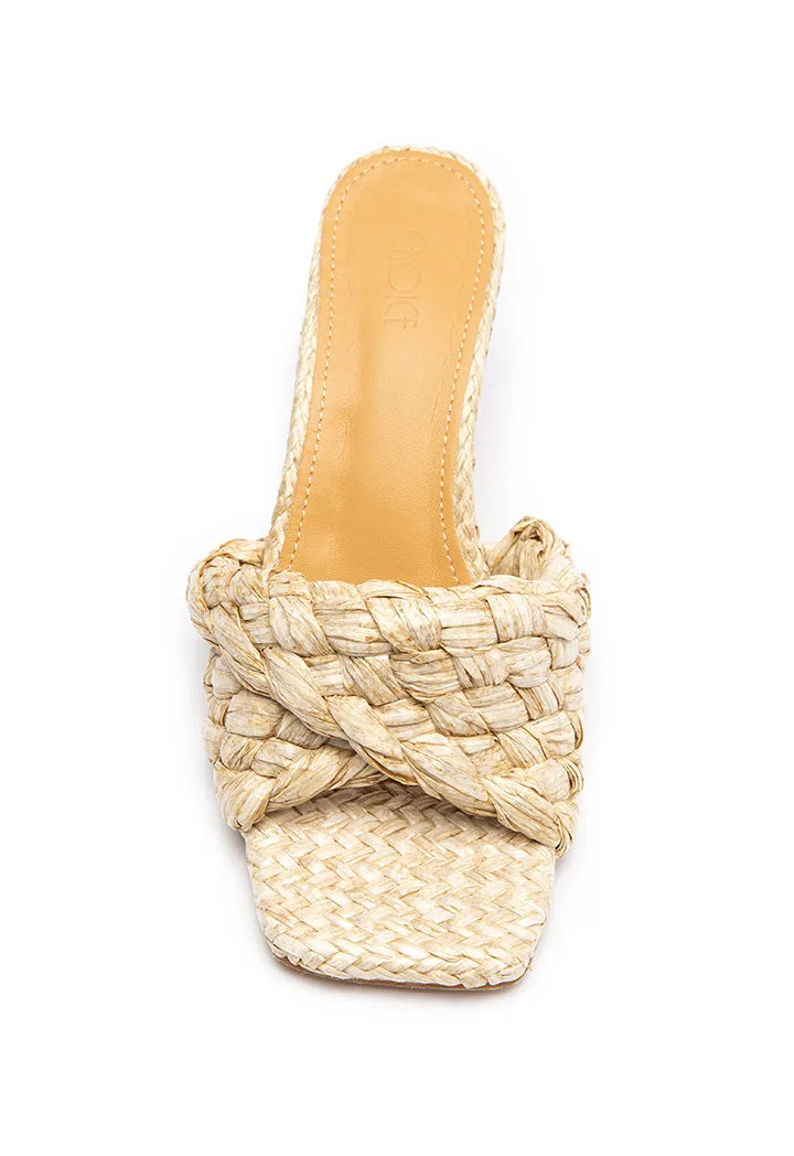 Choice Stretch Square-Toe Faux-Raffia & Leather Mules  Light Beige