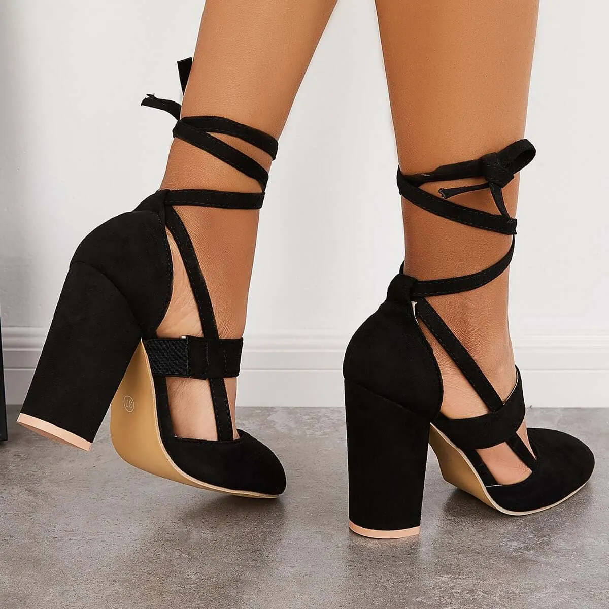 Chunky Block High Heels Lace Up Dress Sandals Ankle Strappy Pumps