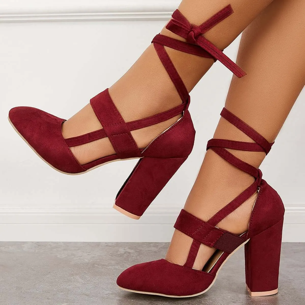 Chunky Block High Heels Lace Up Dress Sandals Ankle Strappy Pumps