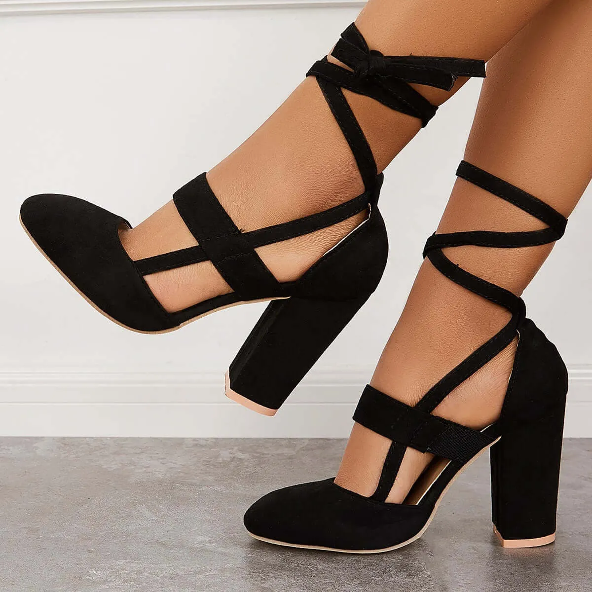 Chunky Block High Heels Lace Up Dress Sandals Ankle Strappy Pumps