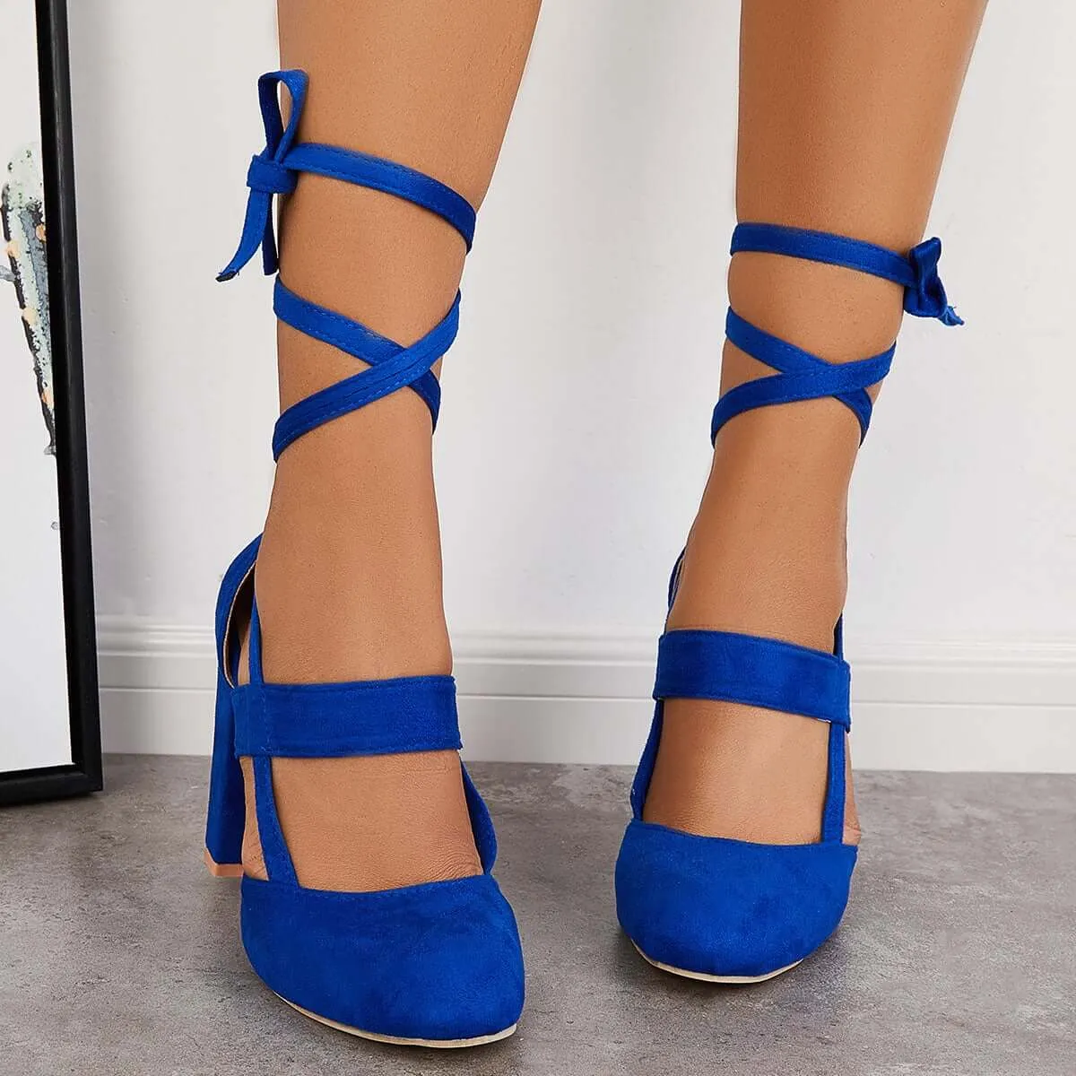 Chunky Block High Heels Lace Up Dress Sandals Ankle Strappy Pumps