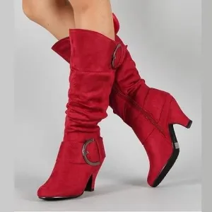 Chunky heel slouch boots mid calf chunky boots with buckles fashion boots for women