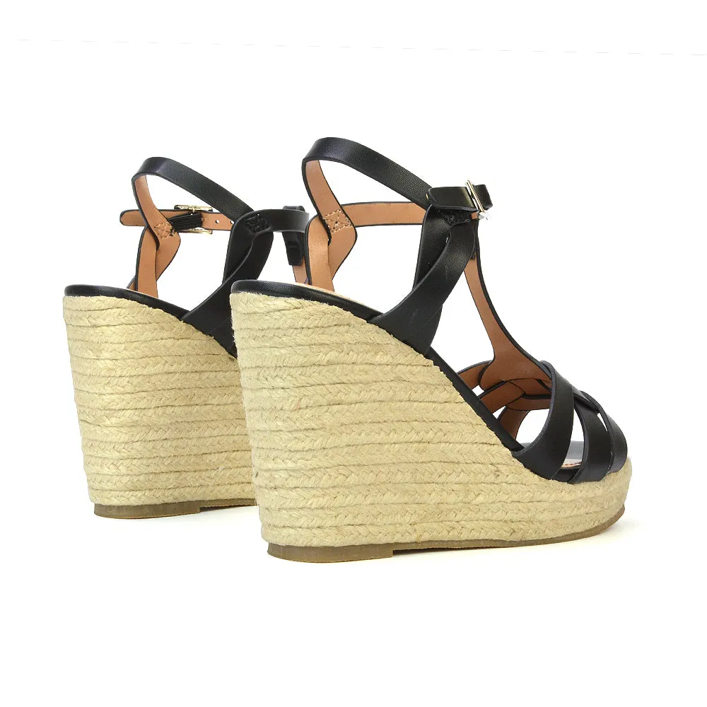 Elora Strappy Platform Wedge Sandals High Heels in Nude Synthetic Leather