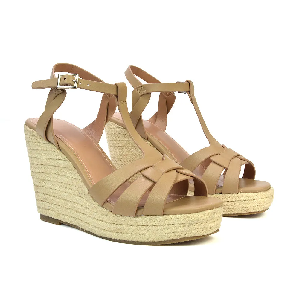 Elora Strappy Platform Wedge Sandals High Heels in Nude Synthetic Leather