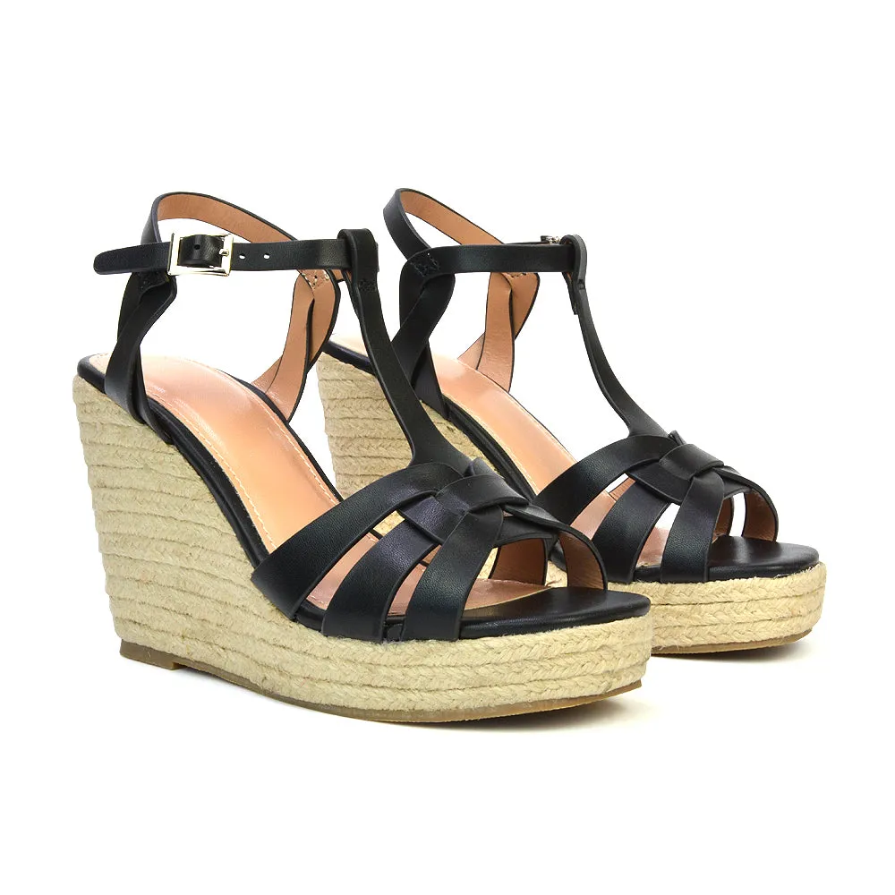 Elora Strappy Platform Wedge Sandals High Heels in Nude Synthetic Leather