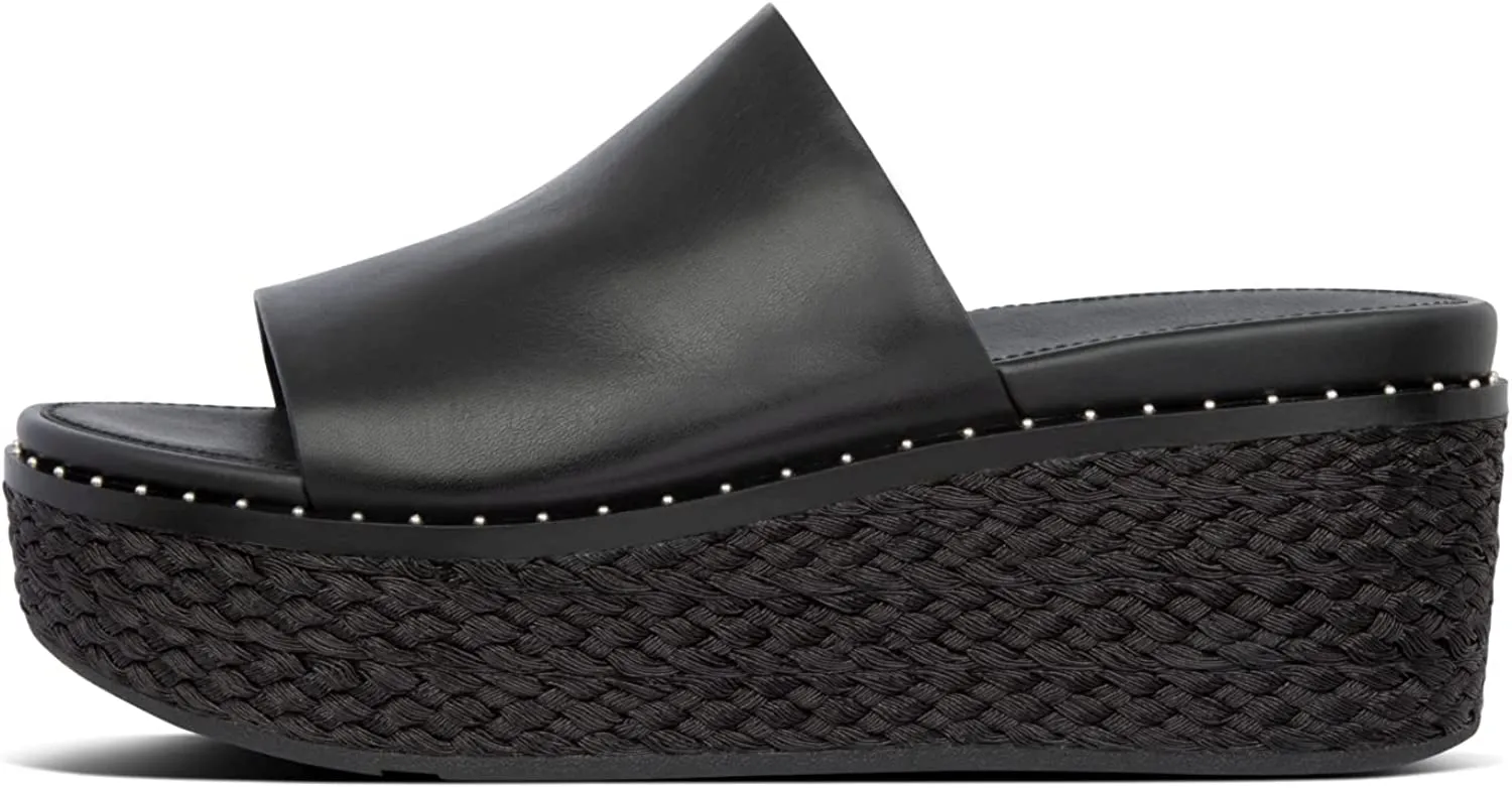 FitFlop Eloise Black Slip On Open Rounded Toe Espadrille Wedges Leather Sandals