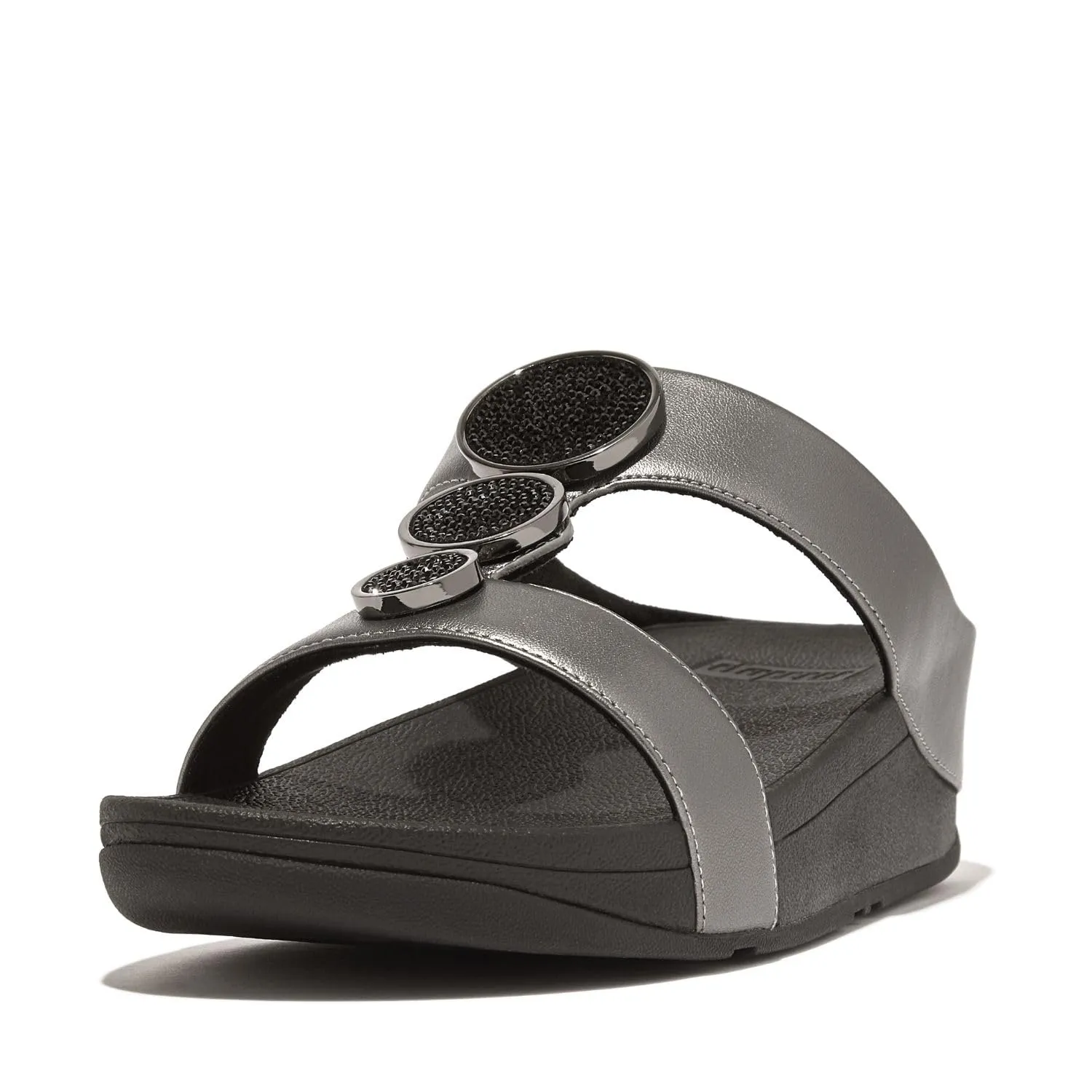 FitFlop Women's Halo Bead-Circle Metallic H-Bar Slides Wedge Sandal, Pewter Black