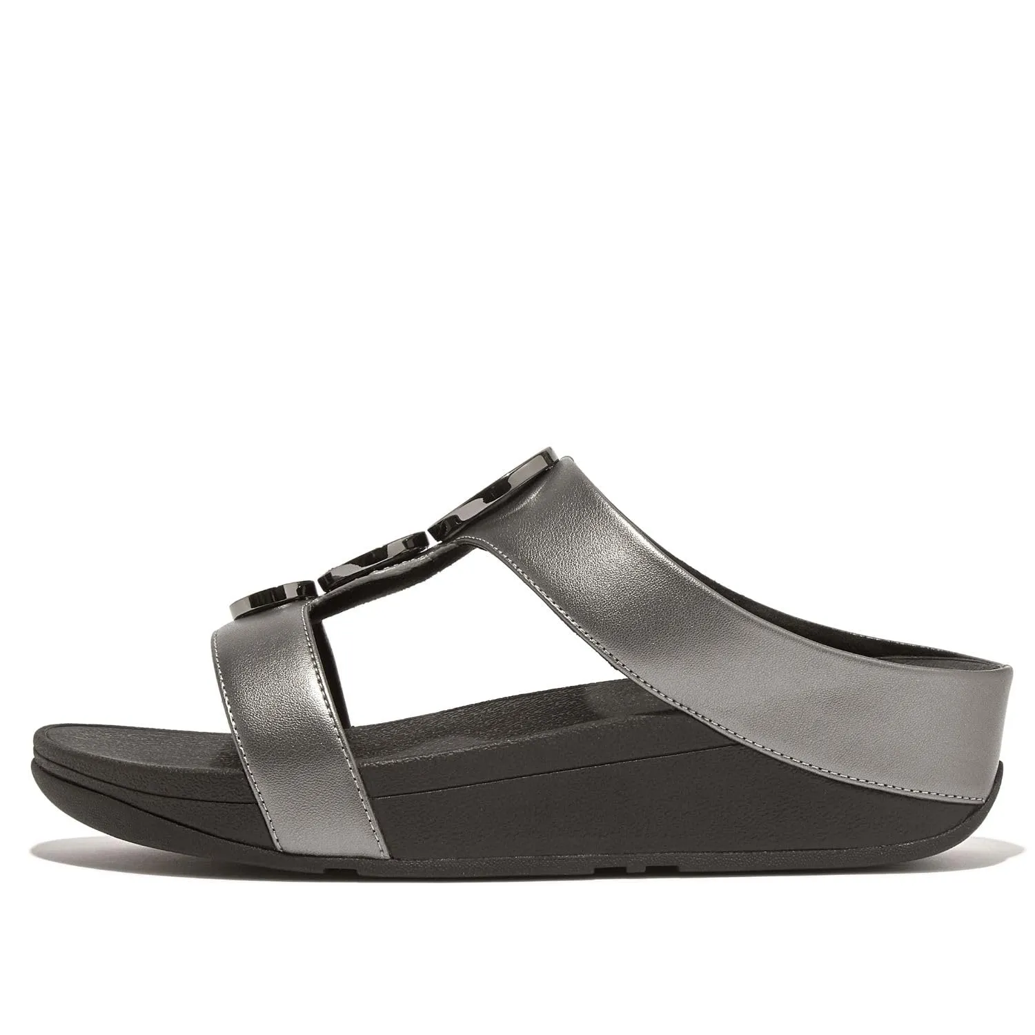 FitFlop Women's Halo Bead-Circle Metallic H-Bar Slides Wedge Sandal, Pewter Black