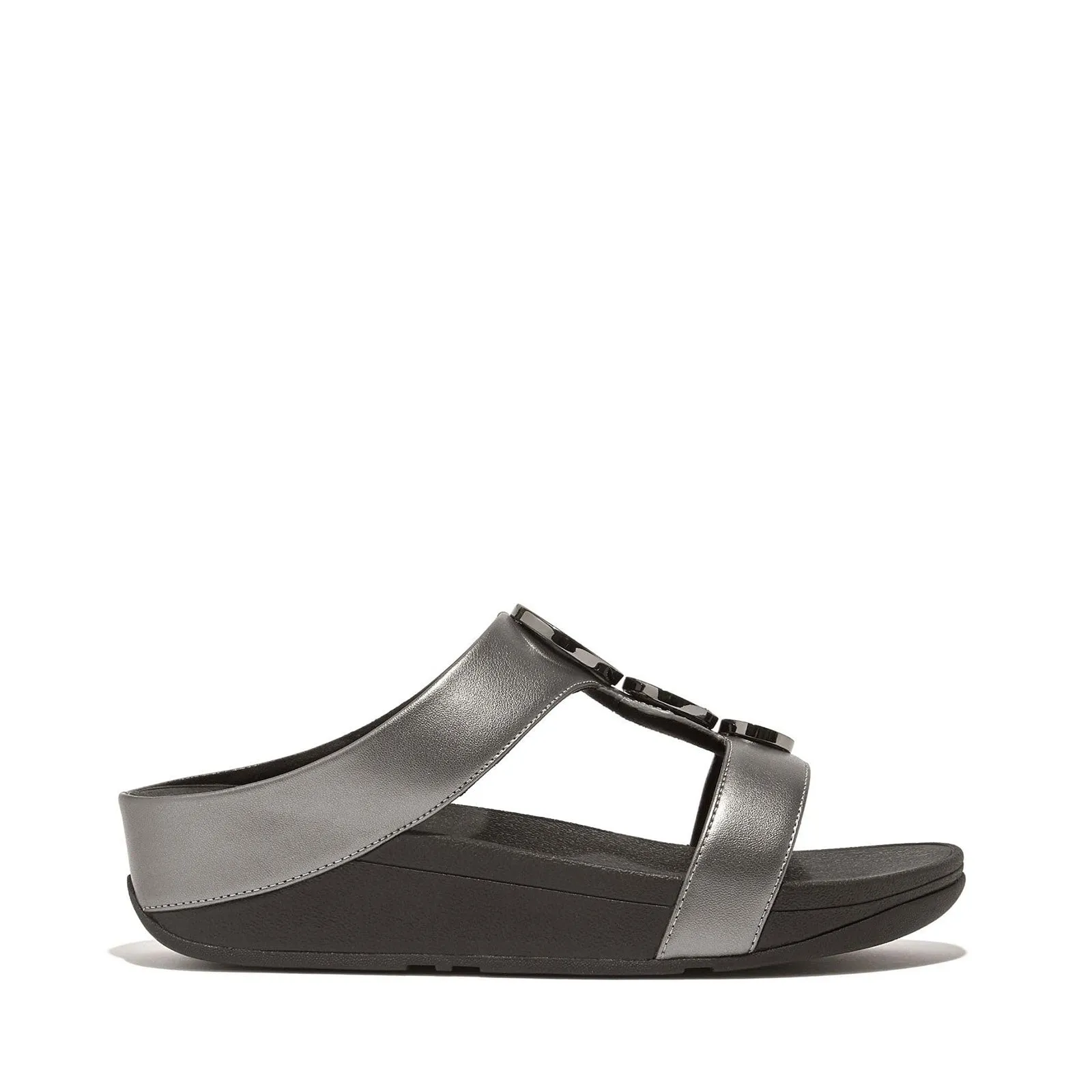 FitFlop Women's Halo Bead-Circle Metallic H-Bar Slides Wedge Sandal, Pewter Black