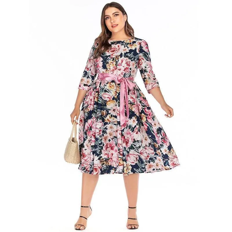 Floral Print Half-Sleeve Tie-Waist Dress