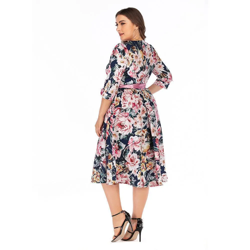 Floral Print Half-Sleeve Tie-Waist Dress