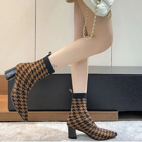 Fly-knit Pointed Toe Chunky Heel Sock Boots