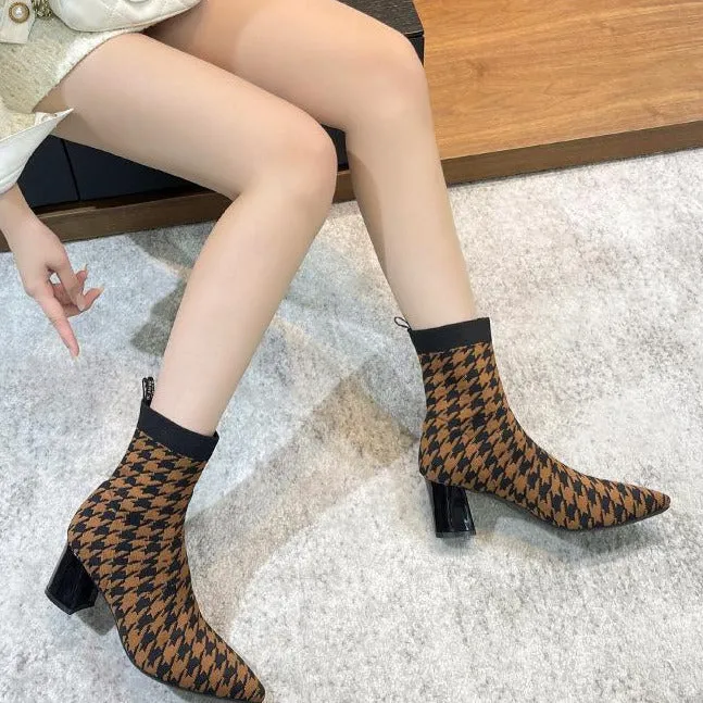 Fly-knit Pointed Toe Chunky Heel Sock Boots