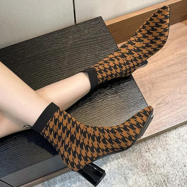 Fly-knit Pointed Toe Chunky Heel Sock Boots