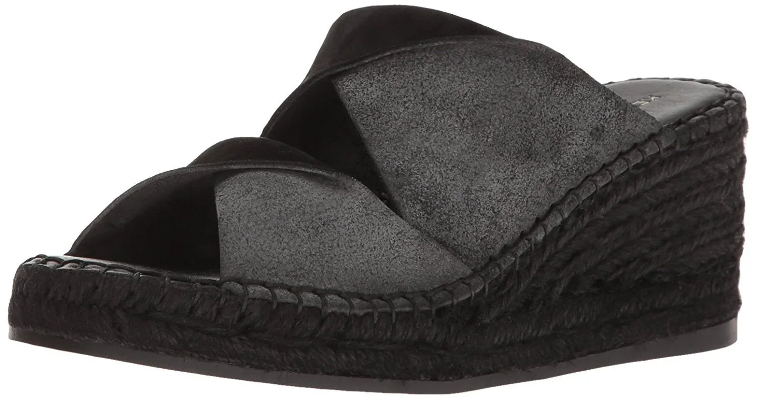 Kelsi Dagger Inwood Black Espadrille Wedge Sandal Open Toe Suede Slip On Mule