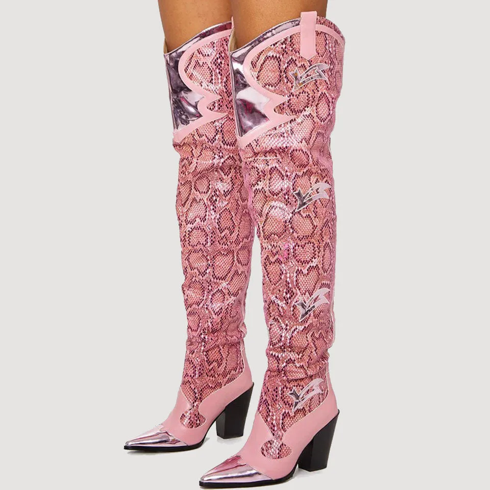 Leather Chunky Snake Pattern Pointed Toe Over The Knee Thigh High Boots