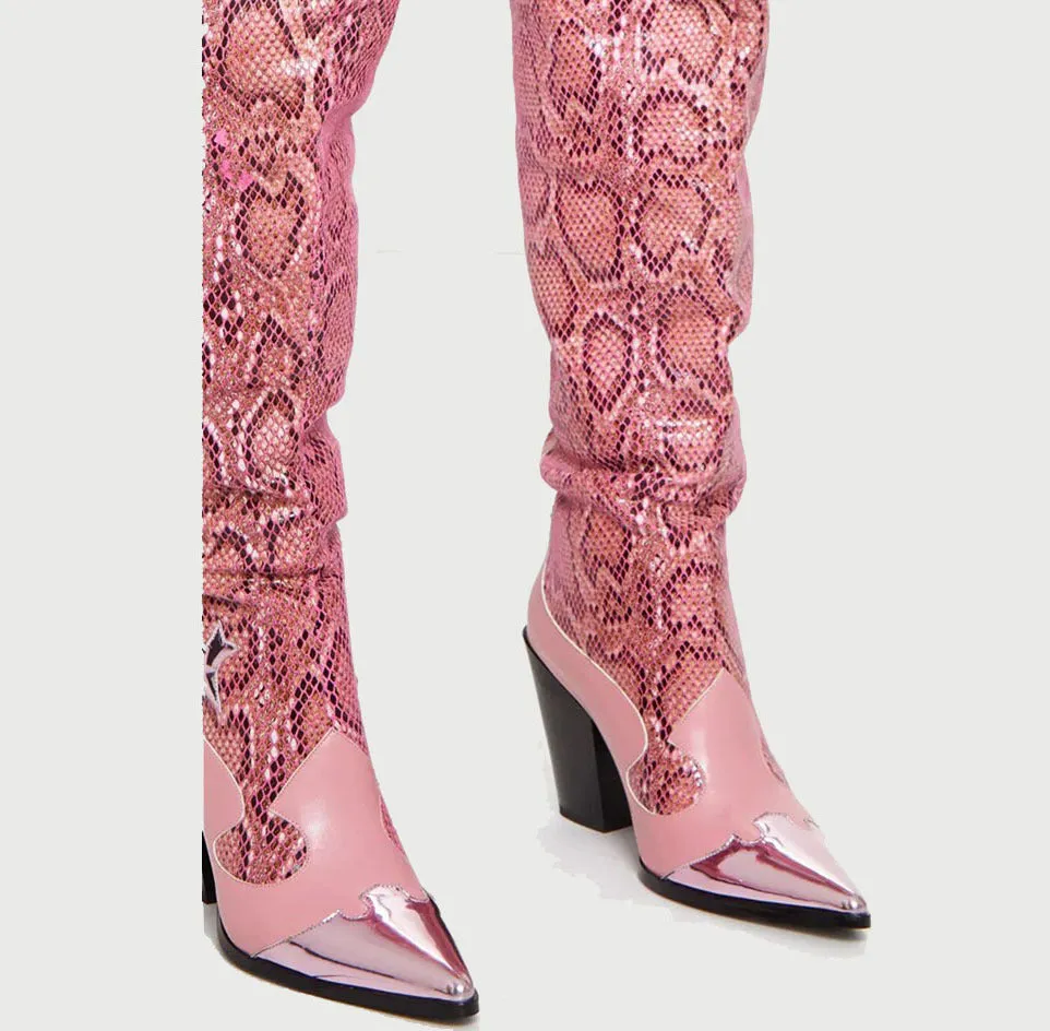 Leather Chunky Snake Pattern Pointed Toe Over The Knee Thigh High Boots