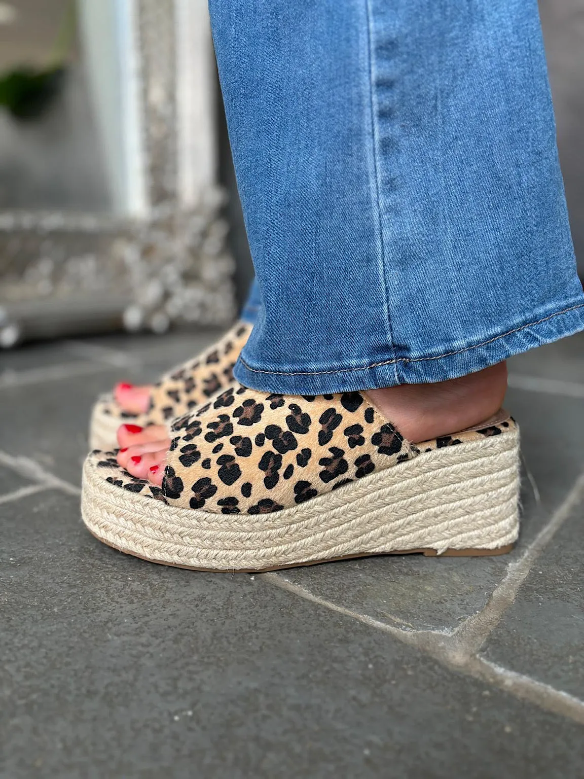 Leopard Open Toe Platform Espadrille Wedge