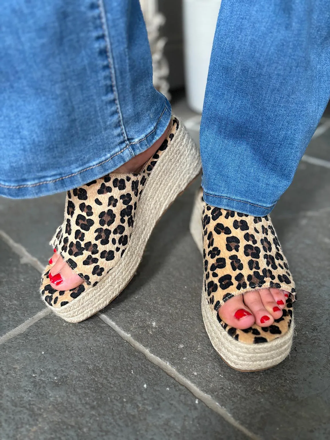 Leopard Open Toe Platform Espadrille Wedge