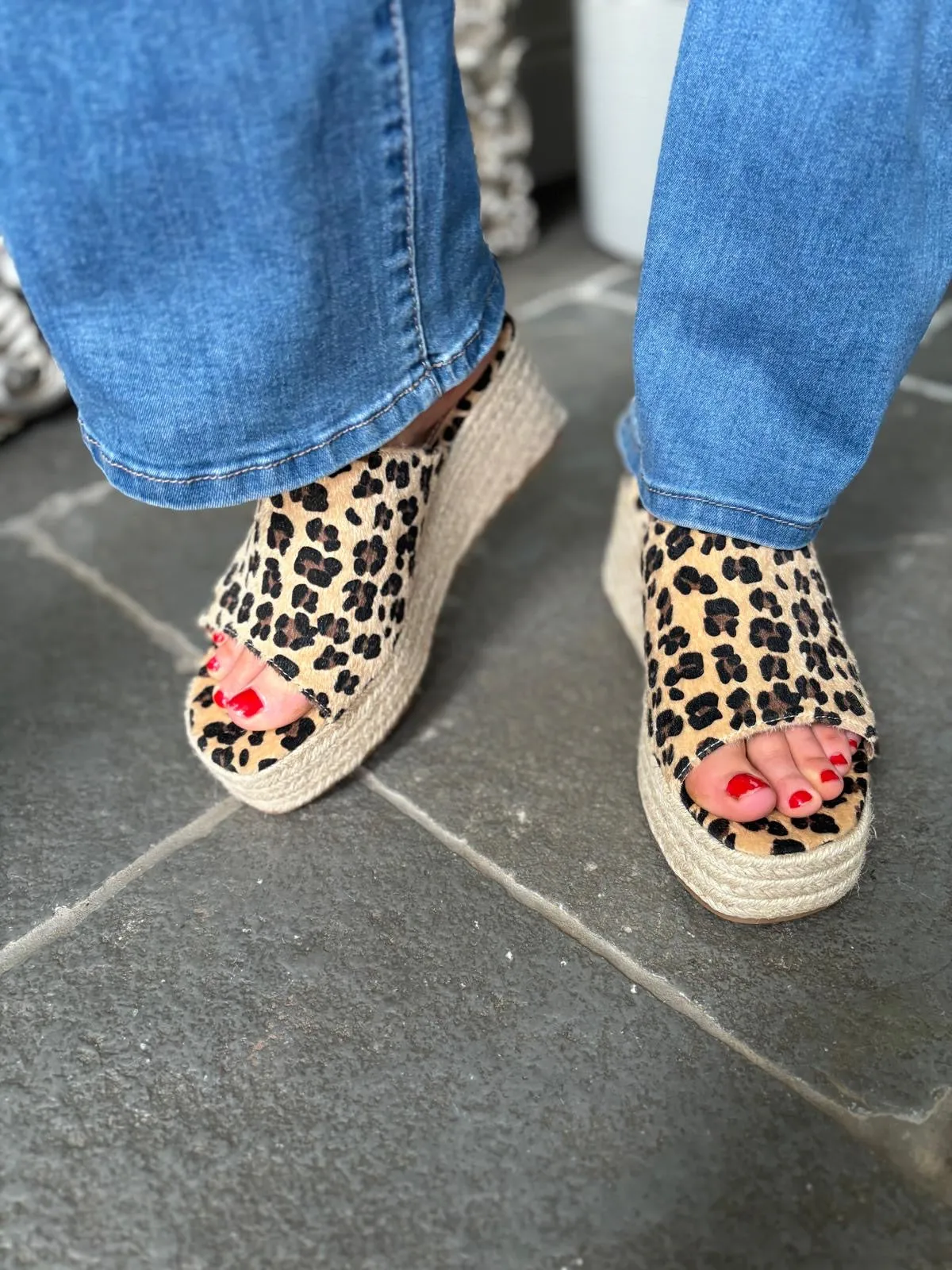 Leopard Open Toe Platform Espadrille Wedge