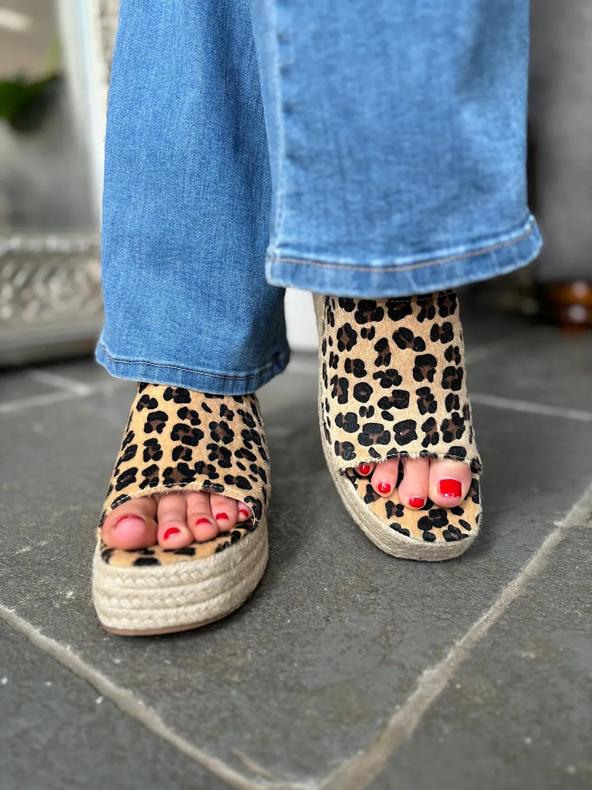 Leopard Open Toe Platform Espadrille Wedge