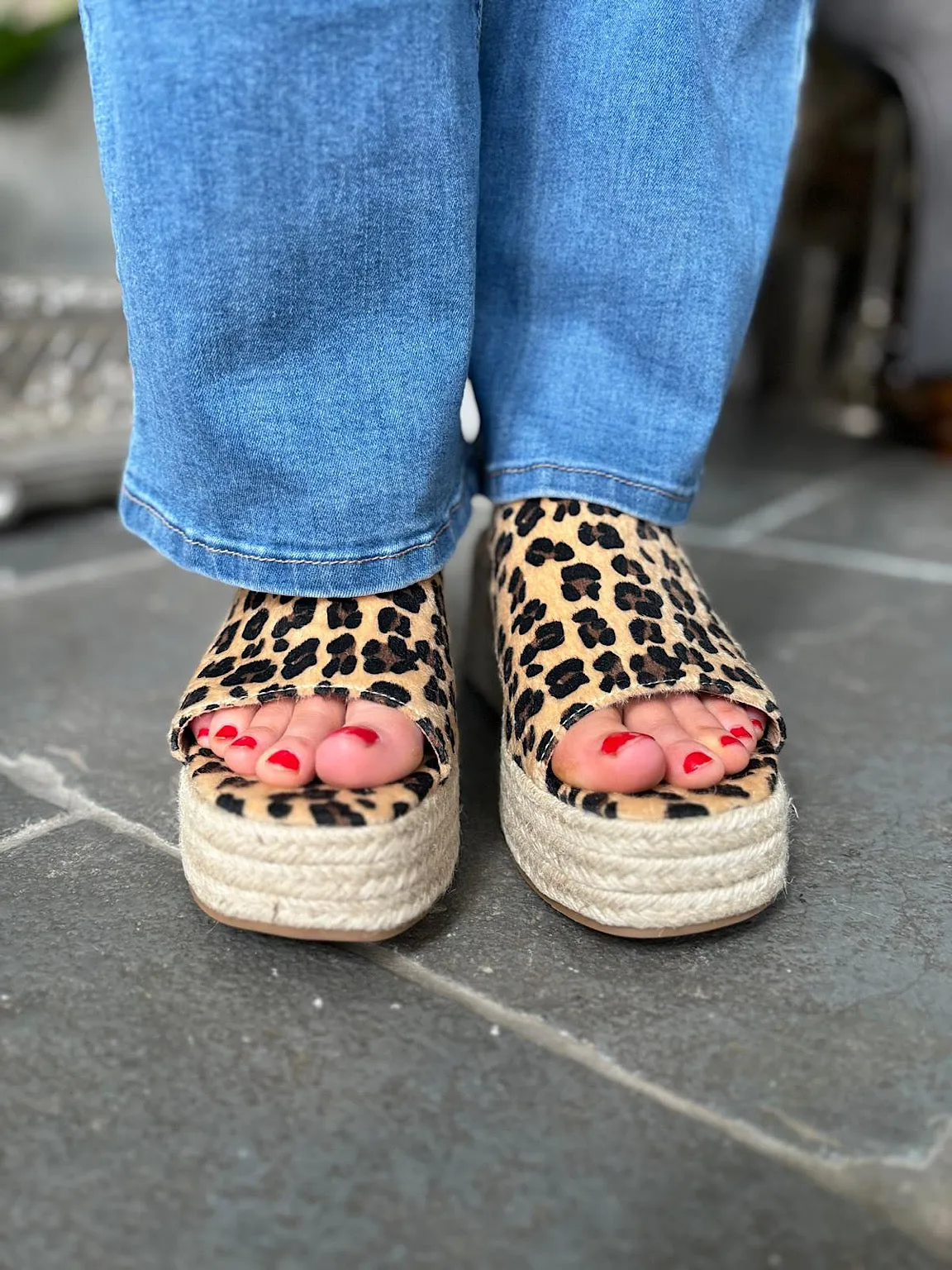 Leopard Open Toe Platform Espadrille Wedge