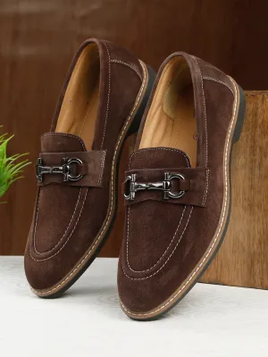 Men's Brown Suede Leather Loafers With Antique Silver Buckle