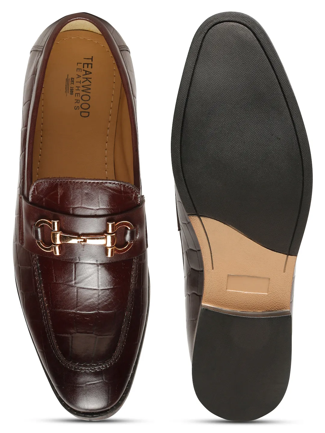 Men's Brown Texture Slip-On Loafers With Buckle