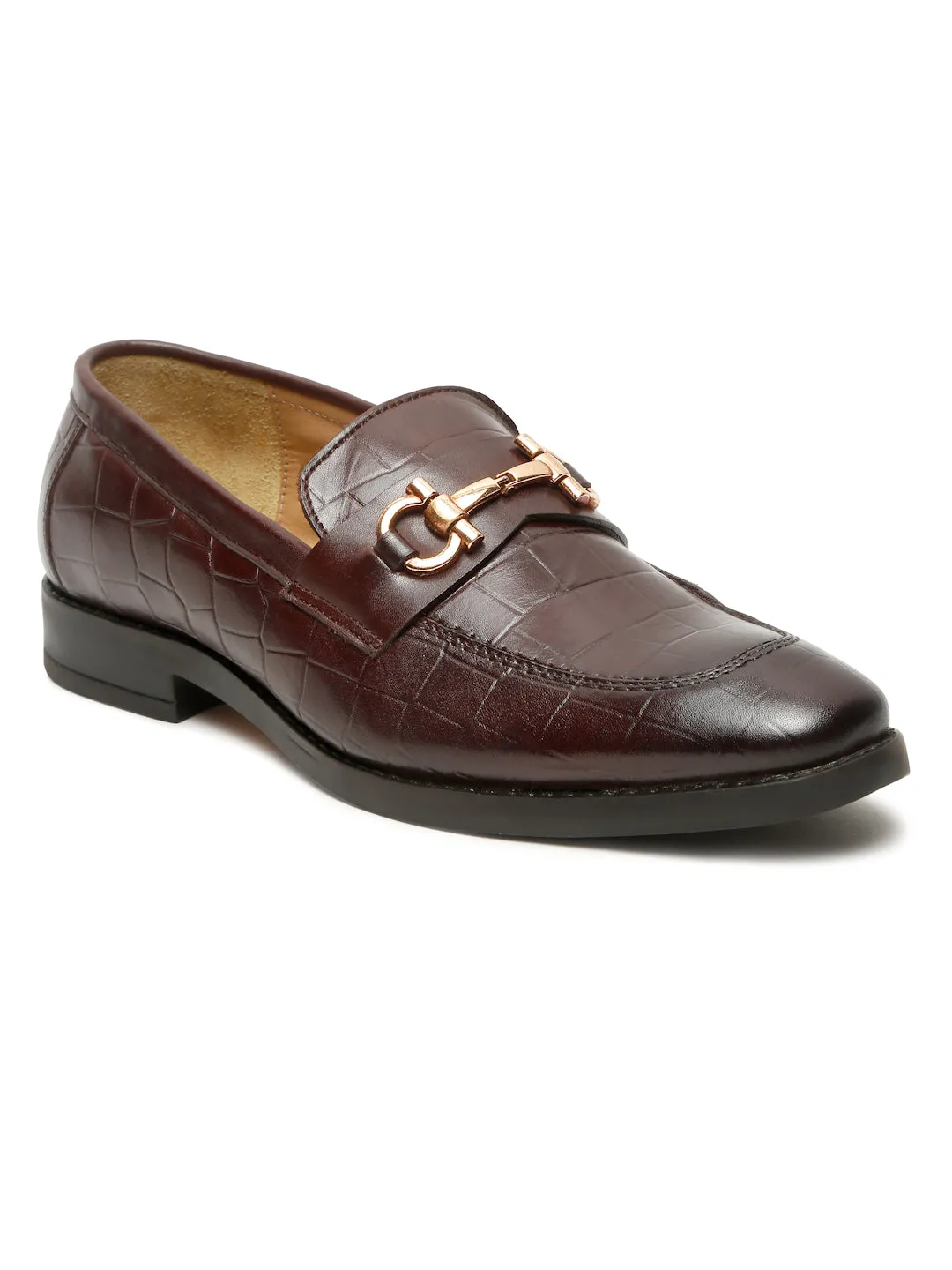 Men's Brown Texture Slip-On Loafers With Buckle