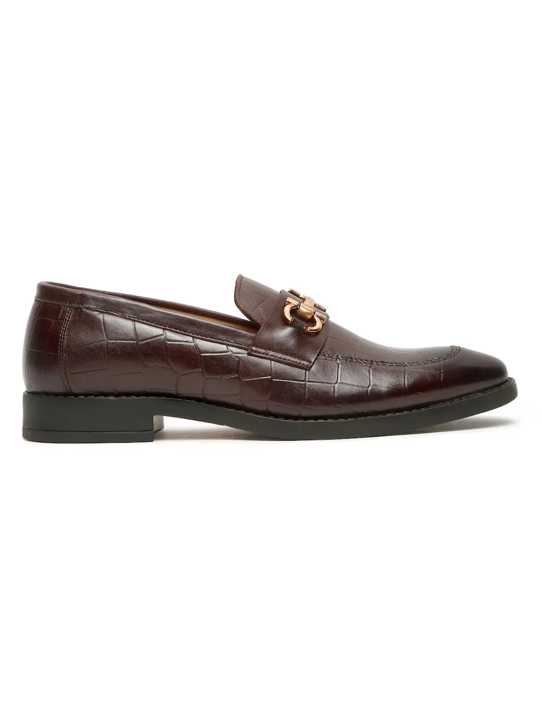 Men's Brown Texture Slip-On Loafers With Buckle