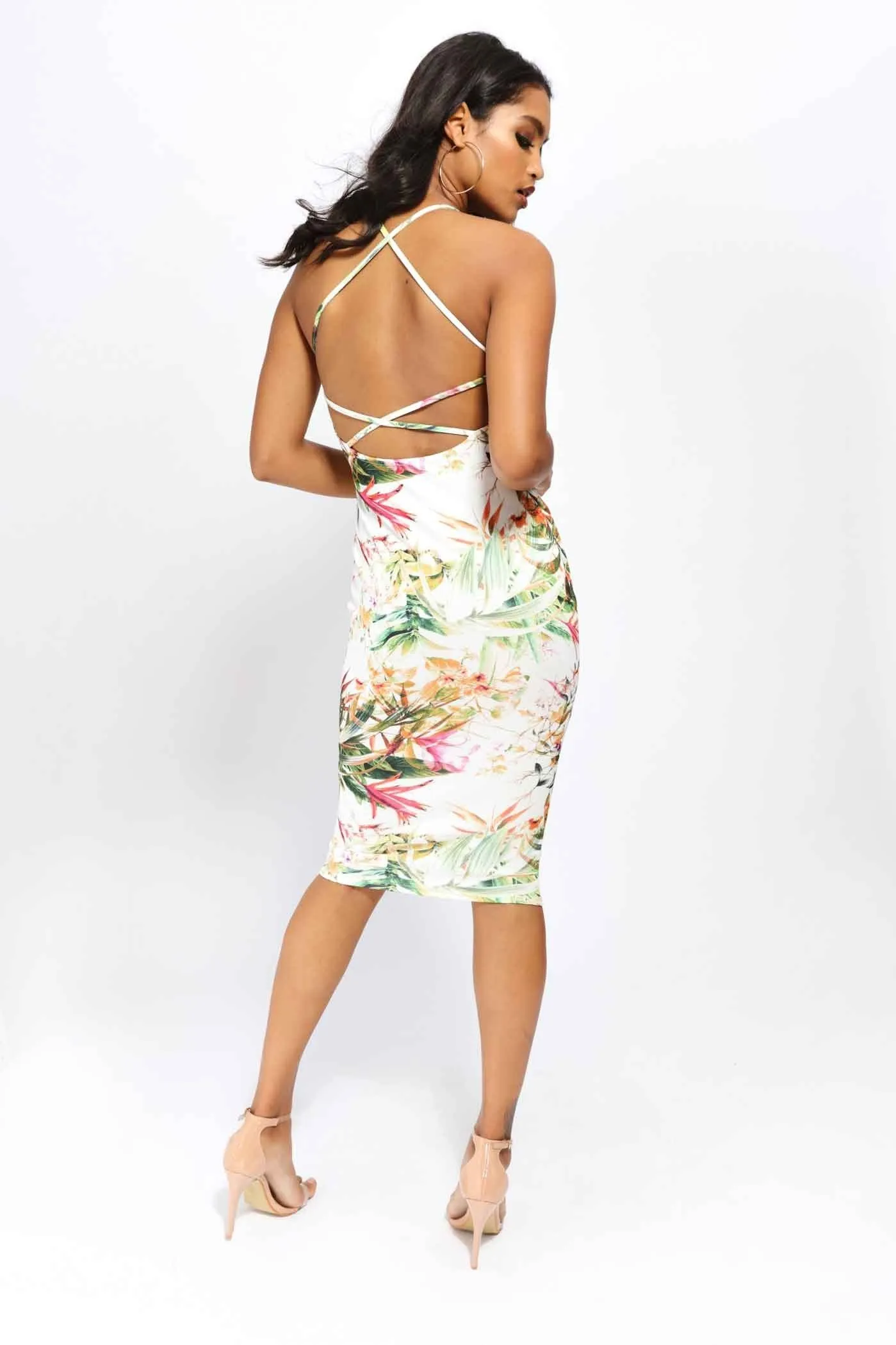 Multi Floral Print Plunge Neck Midi Dress