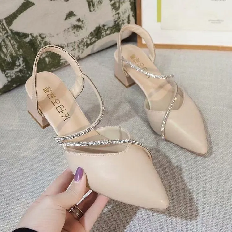 Nude Strappy Block Heels Chunky Heel Rhinestone High Heels