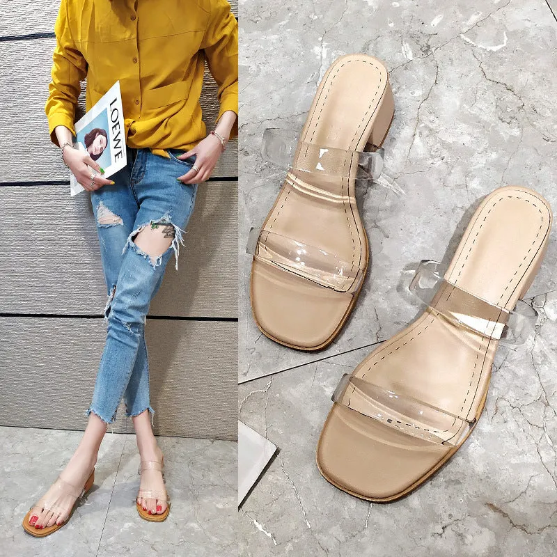 Nude Strappy Block Heels Slippers