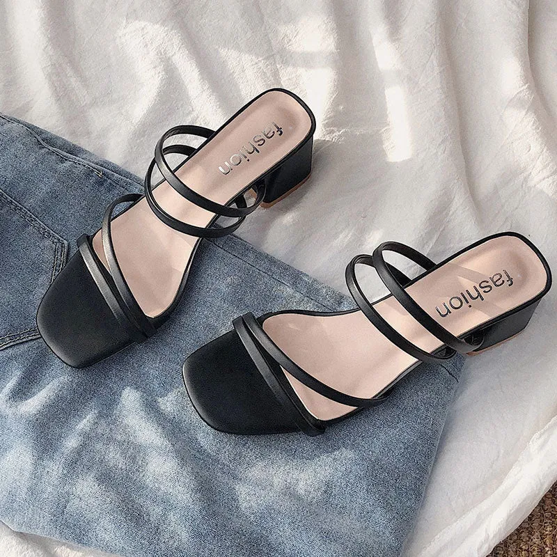 Nude Strappy Block Heels Thin Black Band Sandals